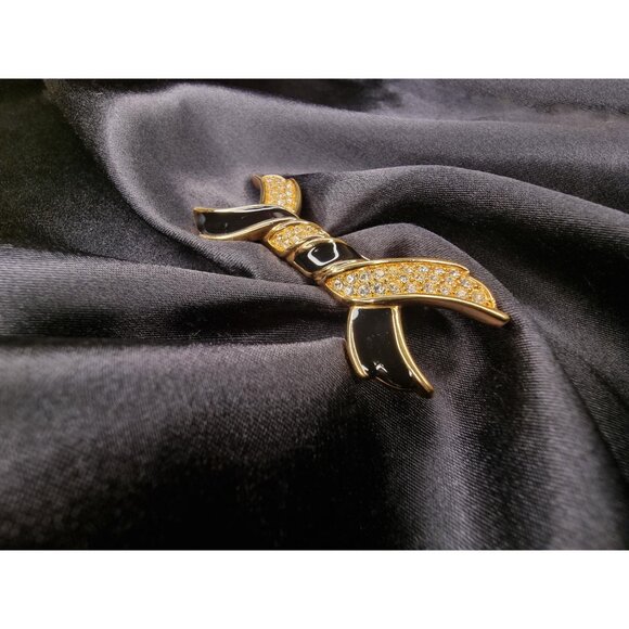 Vintage SWAROVSKI Signed Ribbon Gold and Black Crystals Brooch - Picture 3 of 4